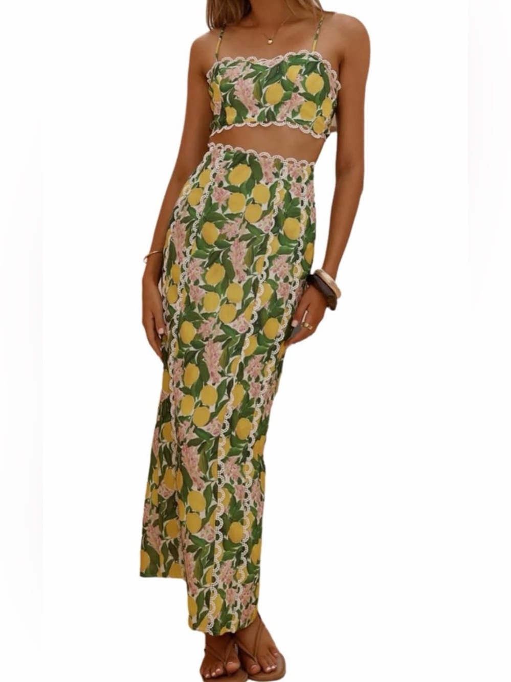 Lemon Print High-Waist Maxi Skirt and top set- Yellow & Green